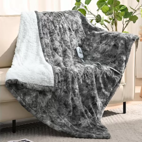 Bearhug Heated Throw Blanket 50quot60quot Electric Throw Grey Flower Patterns Faux Fur ampamp Warm Sherpa 4h AutoOff Timer ampamp 6 Heating LevelsETL Certified Machine Washable Gift BoxMarble Grey