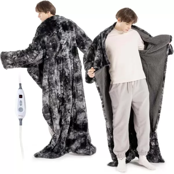 Bearhug Wearable Heated Blanket with Foot Pockets ampamp Sleeves  Faux Fur ampamp Sherpa Heated Snuggle Blanket for Bed ampamp Sofa 6 Heating Levels 4H AutoOff ETL Certified Machine Washable 50  70quot18quotMarble Black With Sleeves