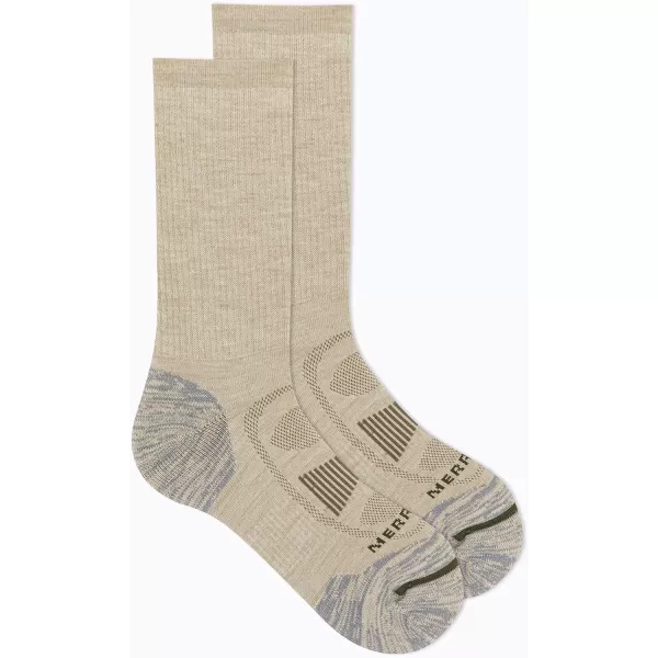 imageMerrell Mens and Womens Zoned Cushioned Wool Hiking Crew Socks1 Pair PackBreathable Arch SupportLight Tan