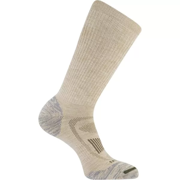 imageMerrell Mens and Womens Zoned Cushioned Wool Hiking Crew Socks1 Pair PackBreathable Arch SupportLight Tan