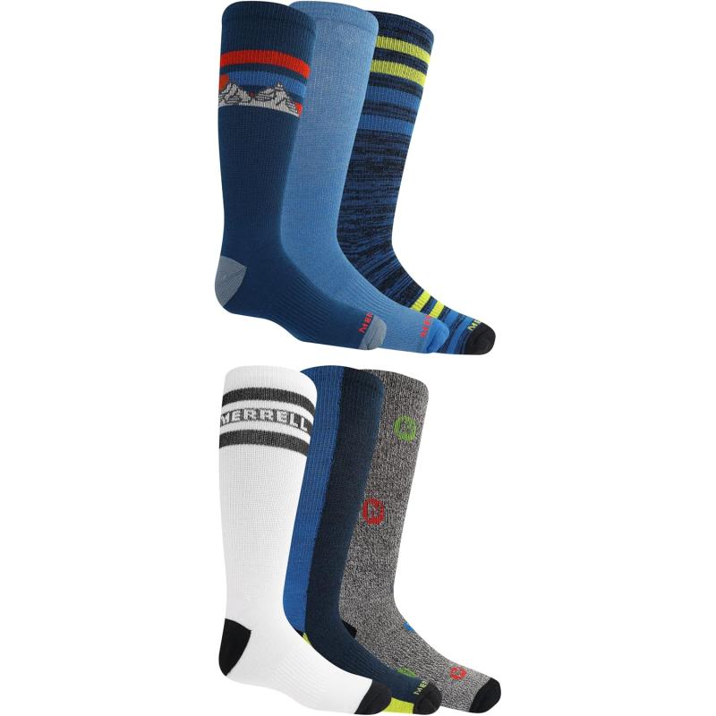 imageMerrell Kids Everyday Half Cushion Crew Socks  6 Pair Pack  Reinforced Heel and ToeBlue Assorted