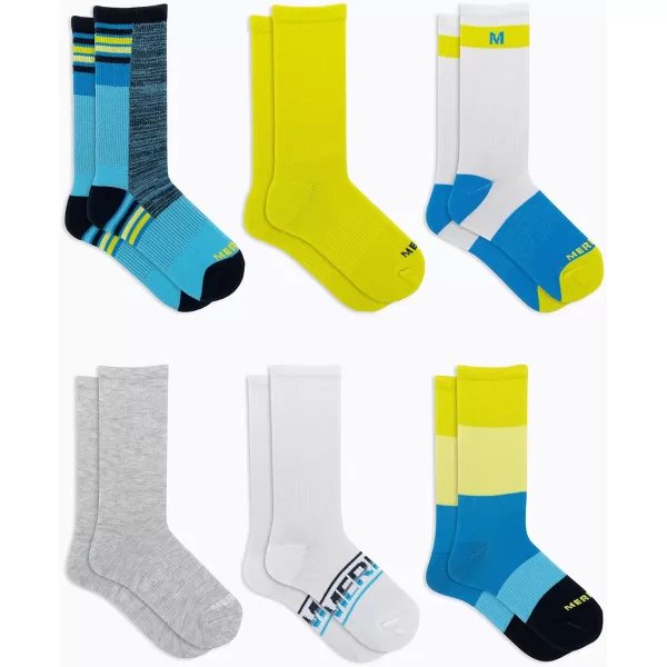 imageMerrell Kids Everyday Half Cushion Crew Socks  6 Pair Pack  Reinforced Heel and ToeBlue White Assorted