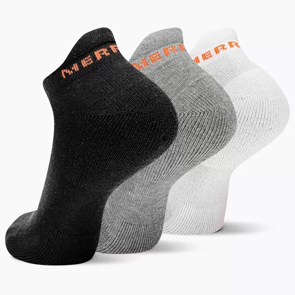 imageMerrell Mens and Womens Cushioned Cotton Socks3 Pair PackUnisex Breathable Mesh Comfort ZonesLow Cut Tab  BlackWhiteGray