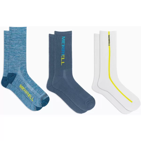 imageMerrell Mens and Womens Recycled Lightweight Cushion Socks3 Pair PackRepreve Hiking Arch SupportCrew  Blue Assorted