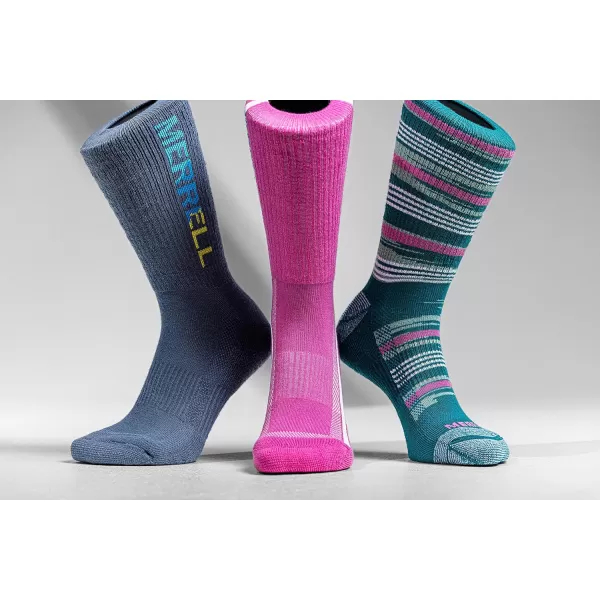 imageMerrell Mens and Womens Recycled Lightweight Cushion Socks3 Pair PackRepreve Hiking Arch SupportCrew  Pink Assorted