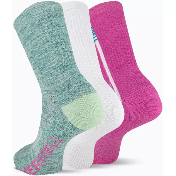 imageMerrell Mens and Womens Recycled Lightweight Cushion Socks3 Pair PackRepreve Hiking Arch SupportCrew  Pink Assorted