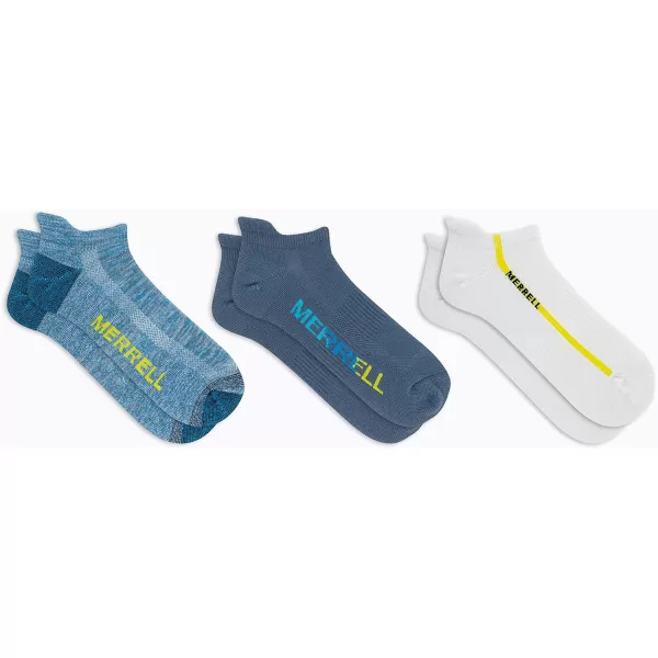 imageMerrell Mens and Womens Recycled Lightweight Cushion Socks3 Pair PackRepreve Hiking Arch SupportLow Cut Tab  Blue Assorted