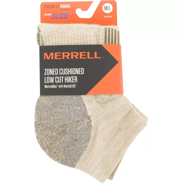 imageMerrell Mens and Womens Zoned Cushioned Wool Hiking Low Cut Socks1 Pair PackBreathable Arch SupportOatmeal Heather
