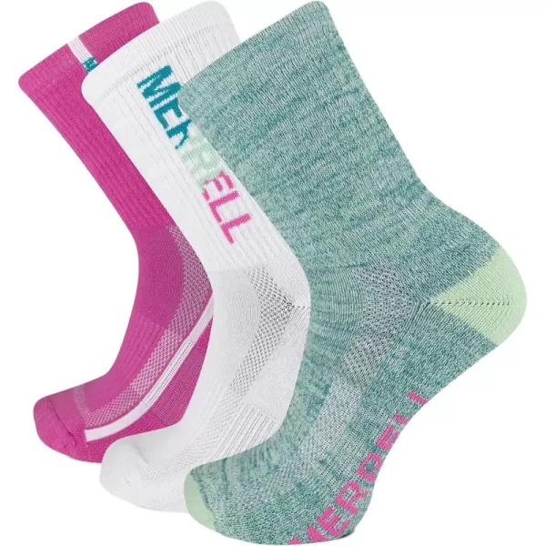 imageMerrell Mens and Womens Recycled Lightweight Cushion Socks3 Pair PackRepreve Hiking Arch SupportCrew  Pink Assorted
