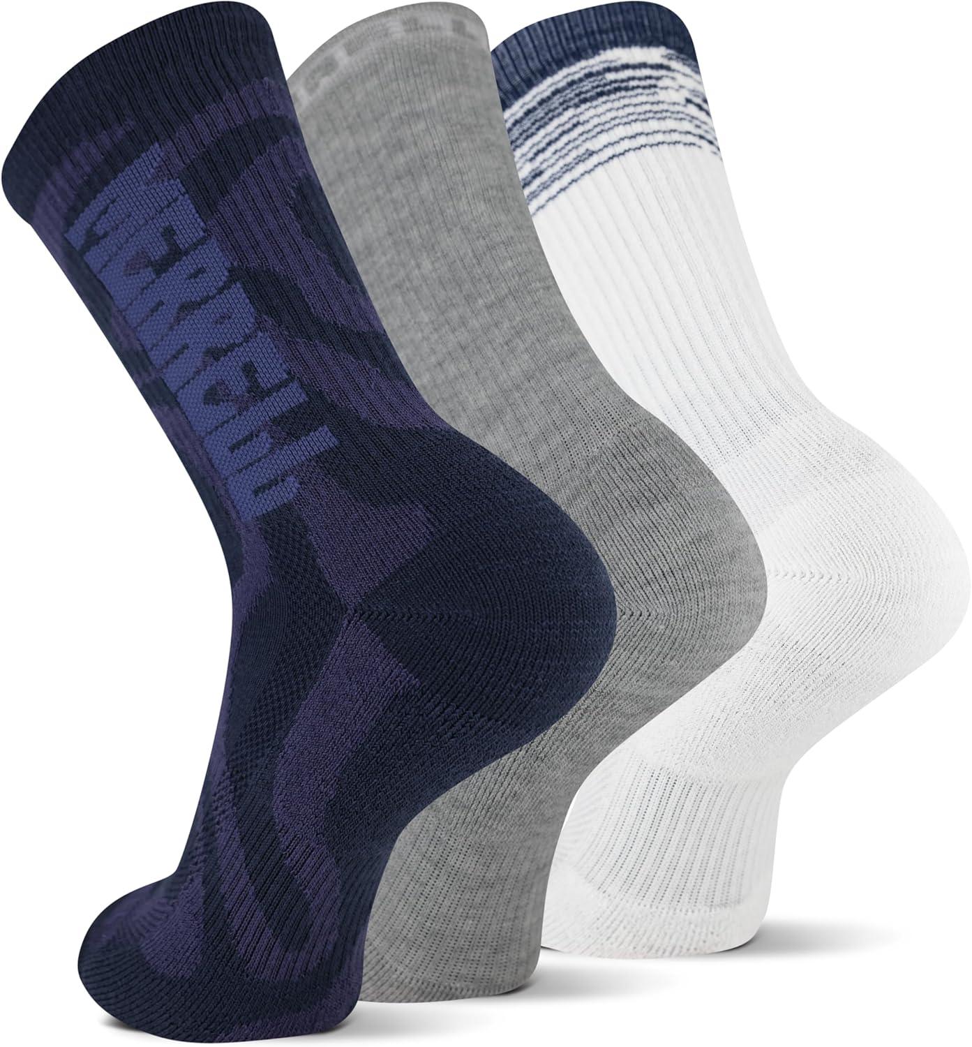 imageMerrell unisexadult Mens and Womens Recycled Everyday Half Cushion Crew Socks  3 Pairs  Breathable HikingNavy Assorted