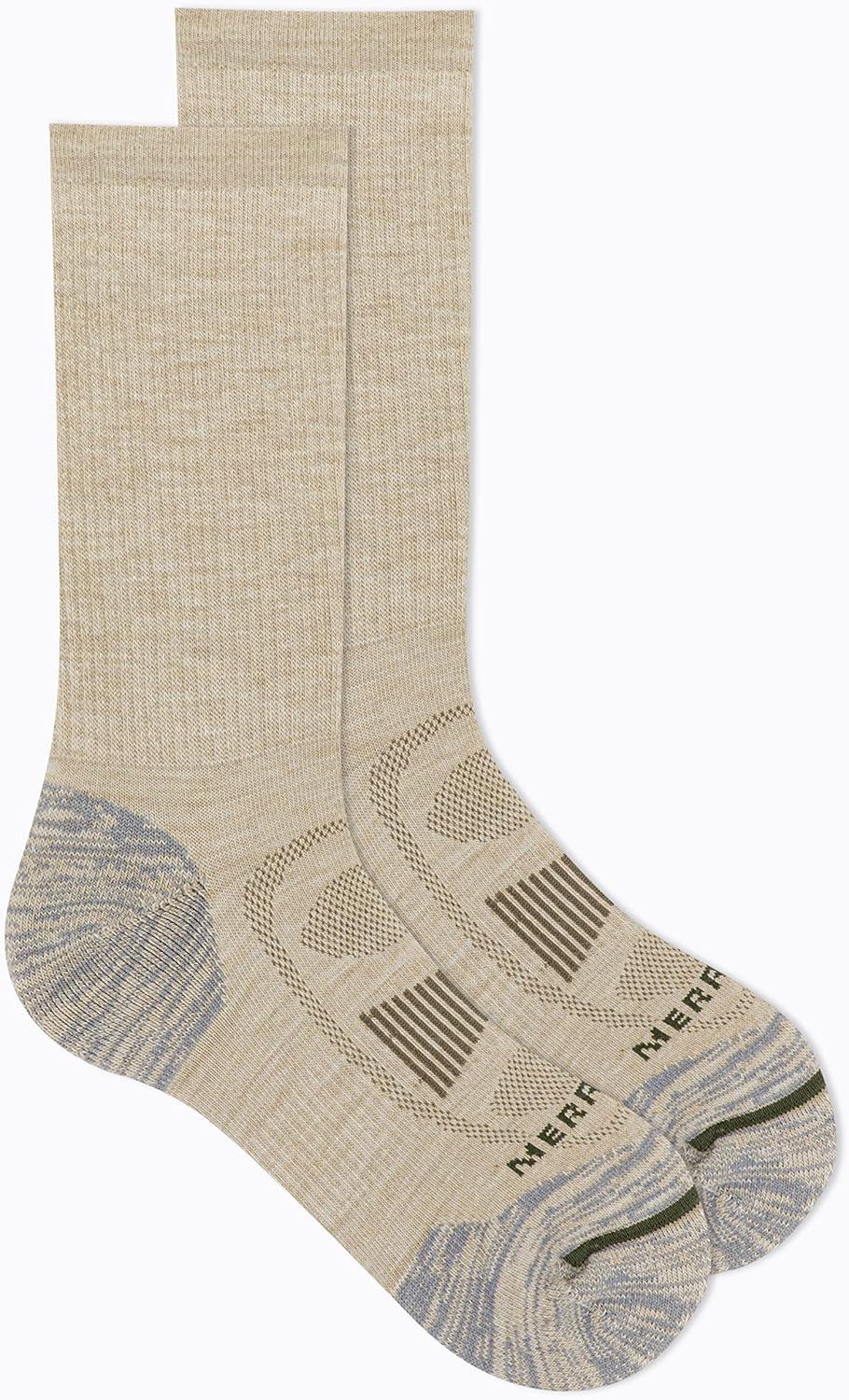 imageMerrell unisexadult Mens and Womens Zoned Cushioned Wool Hiking Crew Socks  Breathable Arch SupportLight Tan