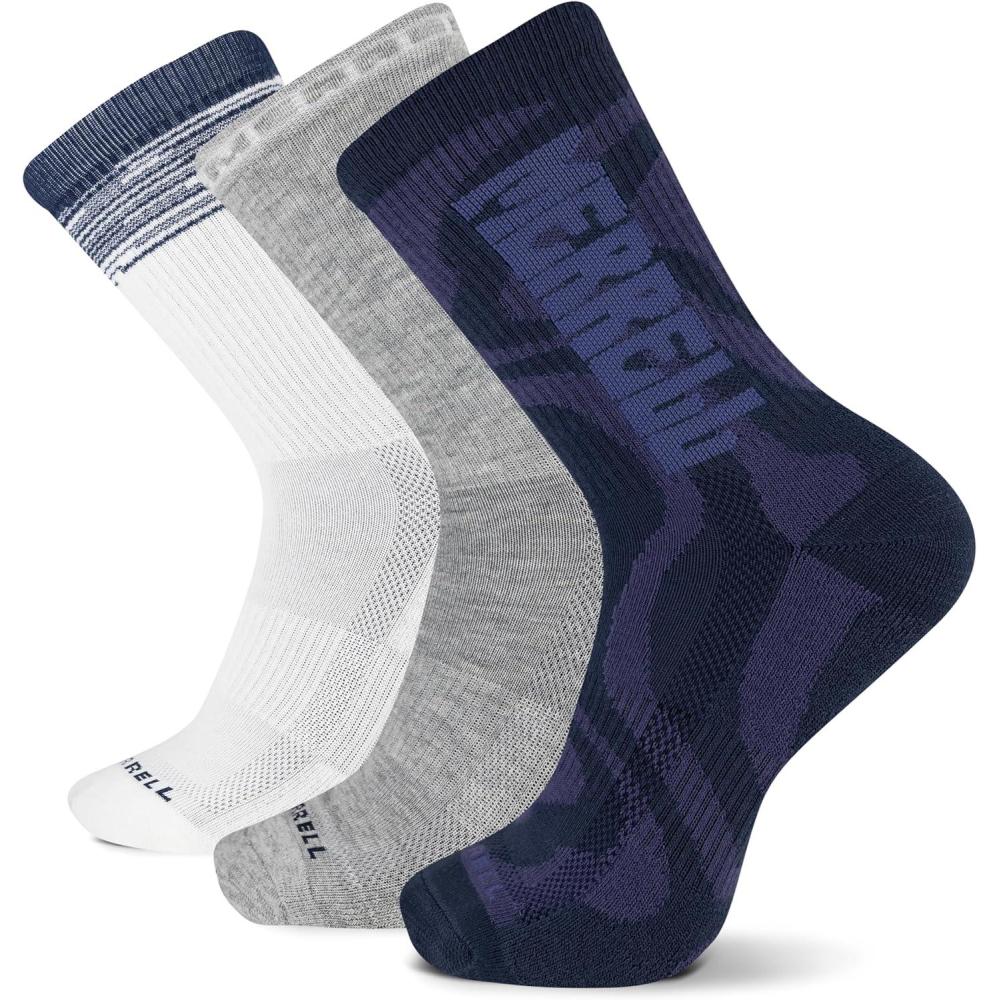 imageMerrell unisexadult Mens and Womens Recycled Everyday Half Cushion Crew Socks  3 Pairs  Breathable HikingNavy Assorted
