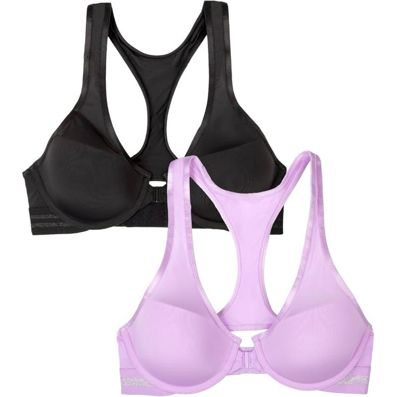imageFruit of the Loom A Fresh Collection Game Changer 2Pack Front ampamp Back Closure Racerback Bras and Comfort for WomenStellar OrchidBlack Hue