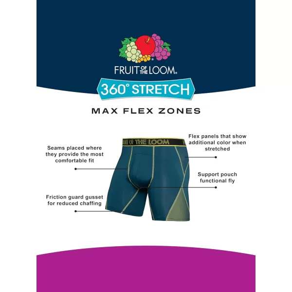 imageFruit of the Loom Mens 360 Stretch Boxer Briefs High Performance Stretch Quick Dry ampamp Moisture WickingMax Flex Zones  3 Pack  Colors May Vary