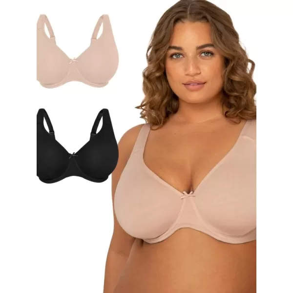 imageFit For Me By Fruit of the Loom Womens Plus Size Cotton Unlined Underwire BraPinchFree Straps  Side and Back SmoothingSandBlack Hue