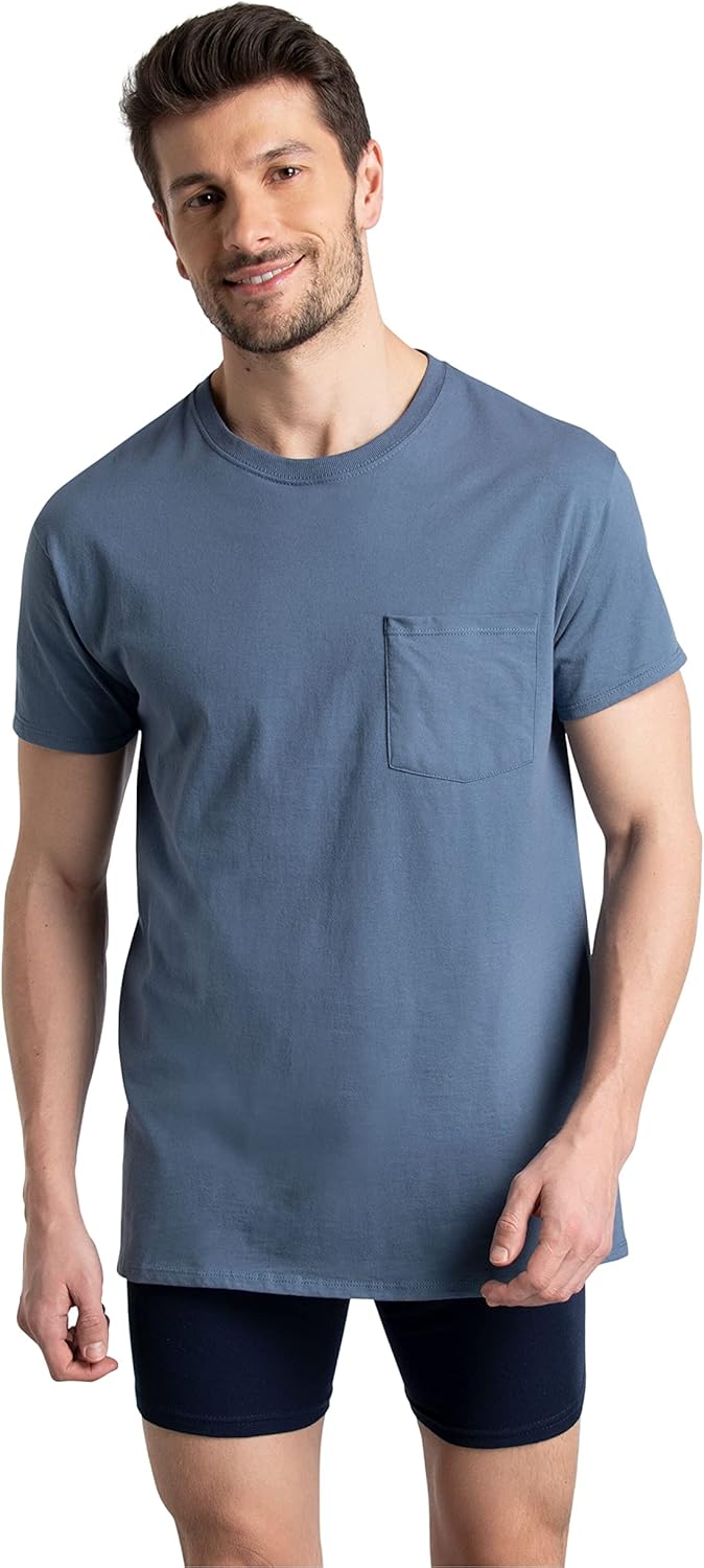 imageFruit of the Loom Mens Eversoft Cotton Short Sleeve Pocket TShirts Breathable ampamp Tag Free6 Pack  Assorted Blues