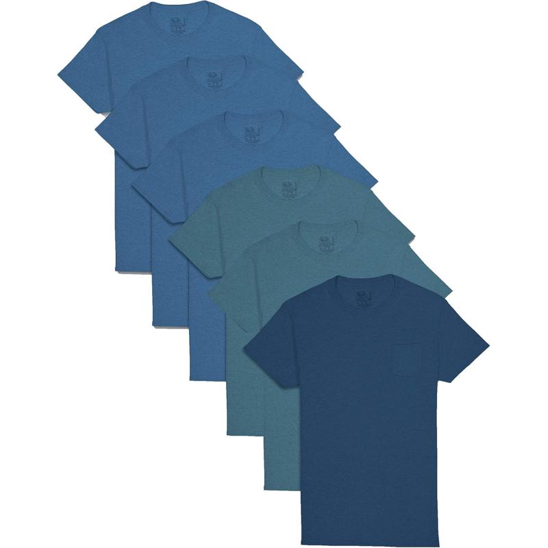 imageFruit of the Loom Mens Eversoft Cotton Short Sleeve Pocket TShirts Breathable ampamp Tag Free6 Pack  Assorted Blues