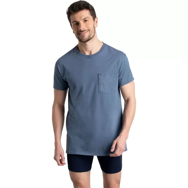 imageFruit of the Loom Mens Eversoft Cotton Short Sleeve Pocket TShirts Breathable ampamp Tag Free6 Pack  Assorted Blues