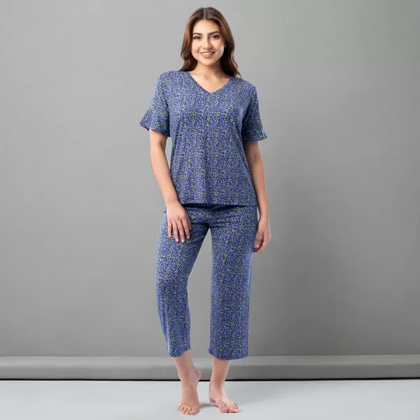 imageFruit of the Loom womens 360 Stretch Ruffle Sleeve Vneck Tee and Capri Sleep Pajama SetSmall Bloom
