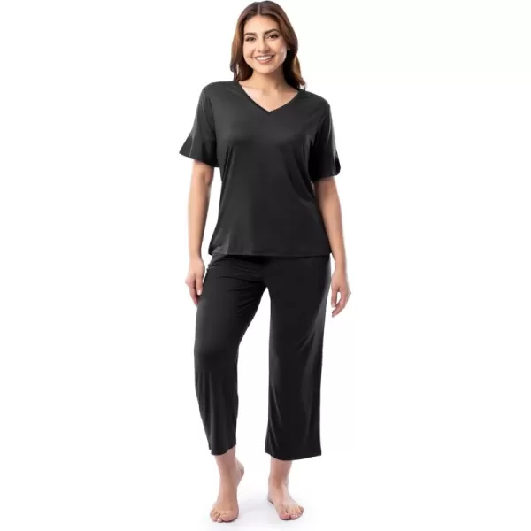 imageFruit of the Loom womens 360 Stretch Ruffle Sleeve Vneck Tee and Capri Sleep Pajama SetBlack