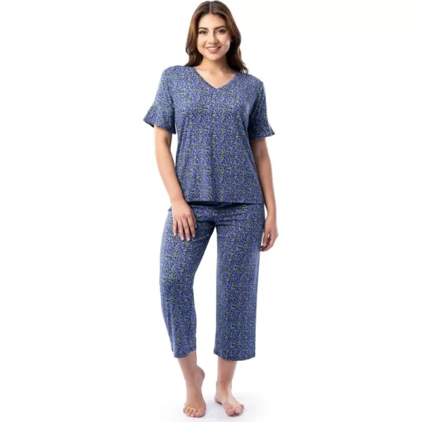 imageFruit of the Loom womens 360 Stretch Ruffle Sleeve Vneck Tee and Capri Sleep Pajama SetSmall Bloom