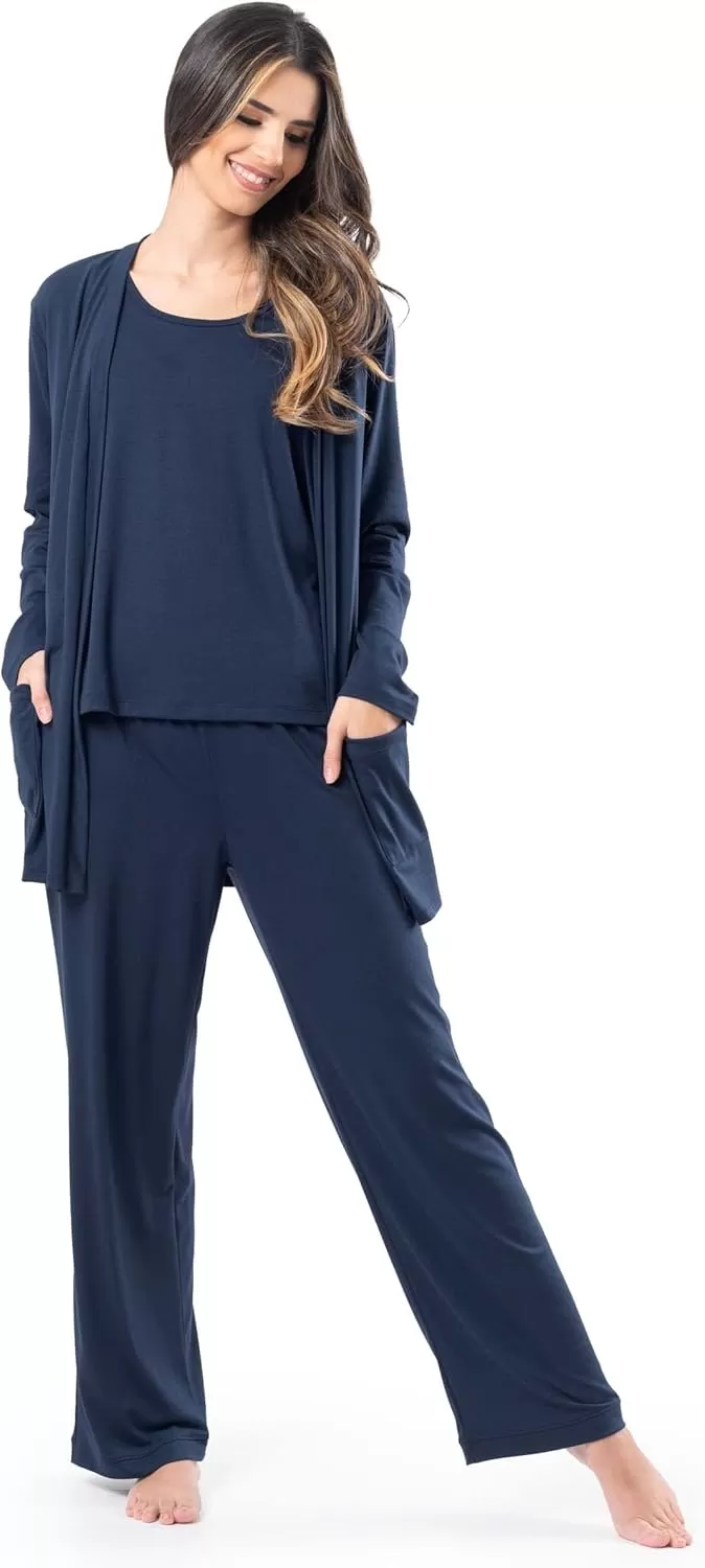 imageFruit of the Loom womens Breathable Tank Top Pant and Cardigan Sleep SetMidnight Blue