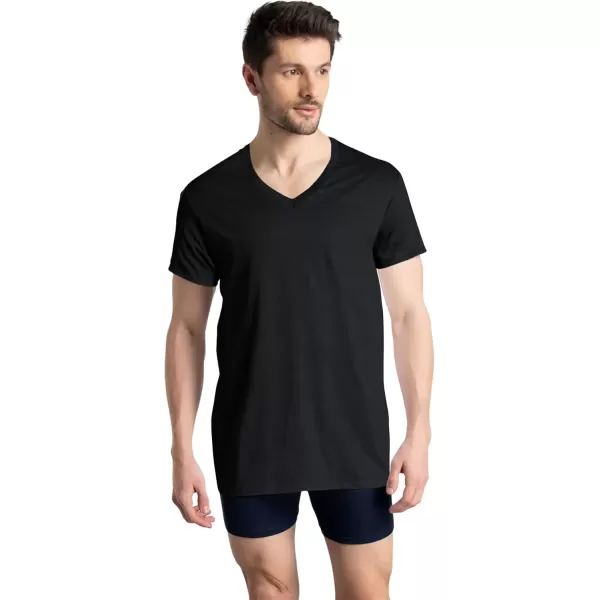 imageFruit of the Loom Mens Eversoft Cotton Stay Tucked VNeck TShirtRegular  Black  12 Pack