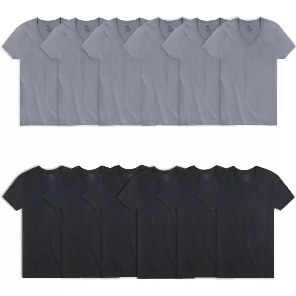 imageFruit of the Loom Mens Eversoft Cotton Stay Tucked VNeck TShirtRegular  Black  12 Pack