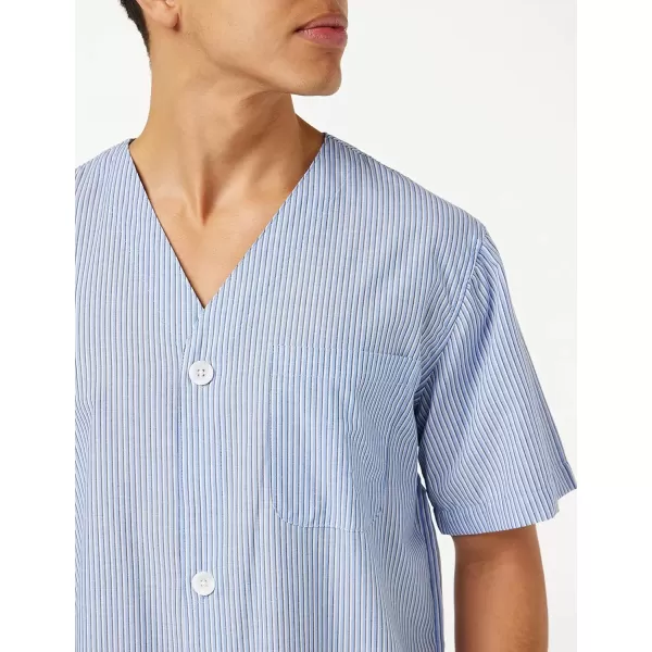 imageFruit of the Loom mens Broadcloth Short Sleeve Top and Long Pants Pajama SetBlue Stripe
