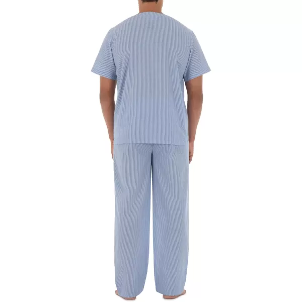 imageFruit of the Loom mens Broadcloth Short Sleeve Top and Long Pants Pajama SetBlue Stripe