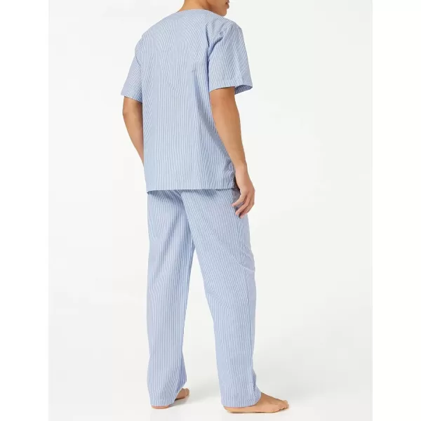 imageFruit of the Loom mens Broadcloth Short Sleeve Top and Long Pants Pajama SetBlue Stripe