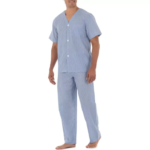 imageFruit of the Loom mens Broadcloth Short Sleeve Top and Long Pants Pajama SetBlue Stripe