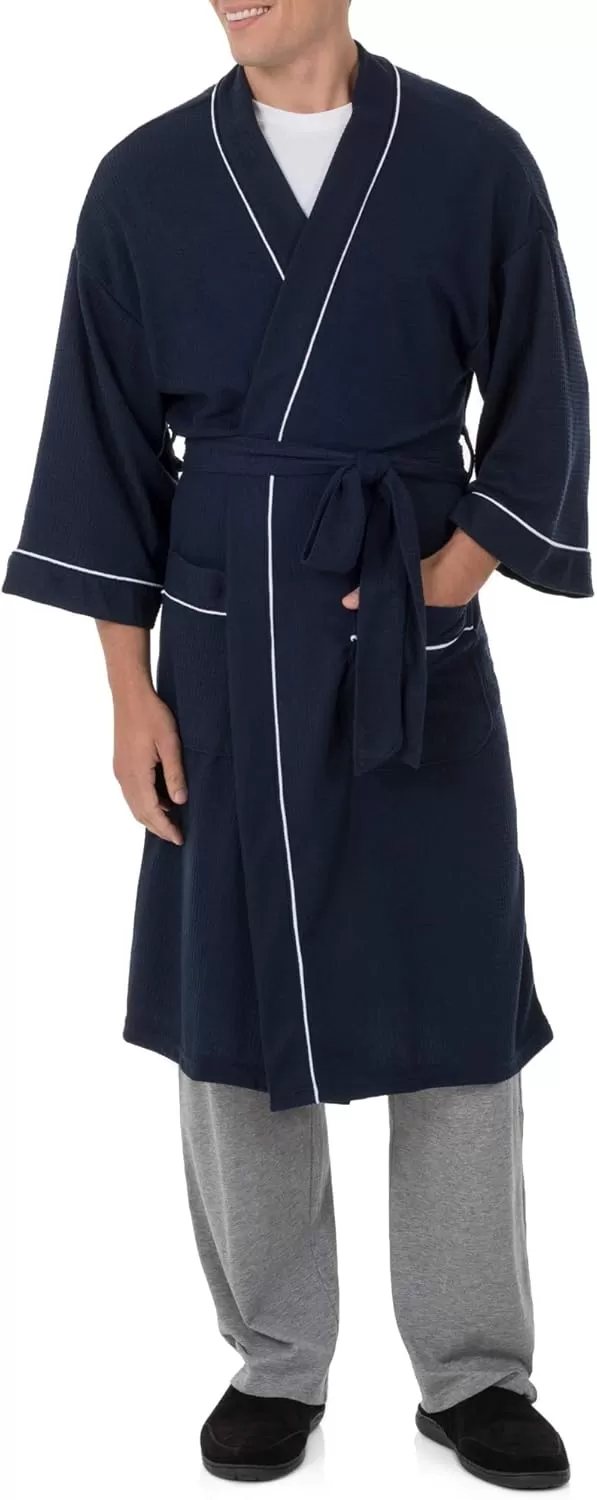 Peignoir Homme Style Kimono Gaufré Fruit Of The Loom - Chaud, Poches, Ceinture - Pour Maison, Douche, Hiver