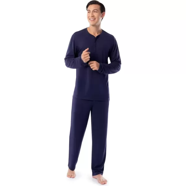 imageFruit of the Loom Mens 360 Stretch Long Sleeve Henley Top and Pant Sleep Pajama SetNavy