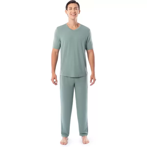 imageFruit of the Loom Mens 360 Stretch Short Sleeve VNeck Top and Pant Sleep Pajama SetGreen