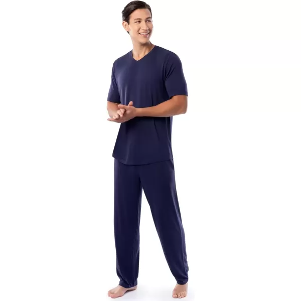 imageFruit of the Loom Mens 360 Stretch Short Sleeve VNeck Top and Pant Sleep Pajama SetNavy
