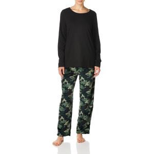 imageFruit of the Loom Womens Sueded Jersey Crew Top and Fleece Pant Sleep SetBlackGreen Camo