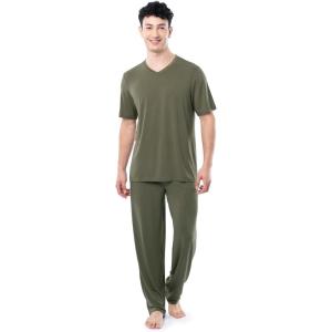 imageFruit of the Loom Mens 360 Stretch Short Sleeve VNeck Top and Pant Sleep Pajama SetDusty Olive