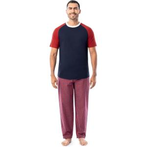 imageFruit of the Loom Mens Jersey Henley Top and Broadcloth Pant Sleep Pajama SetNavyRed Plaid