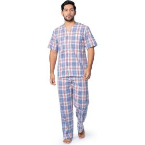 imageFruit of the Loom Mens Broadcloth Short Sleeve Top and Long Pants Pajama SetIvoryBlueRed Plaid