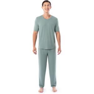 imageFruit of the Loom mens 360 Stretch Short Sleeve Vneck Top and Pant Sleep Pajama SetGreen