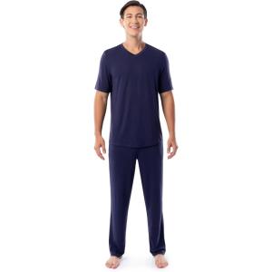 imageFruit of the Loom mens 360 Stretch Short Sleeve Vneck Top and Pant Sleep Pajama SetNavy