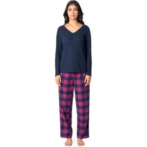imageFruit of the Loom Womens Waffle VNeck Top and Flannel Pant Sleep SetNavyPink Plaid