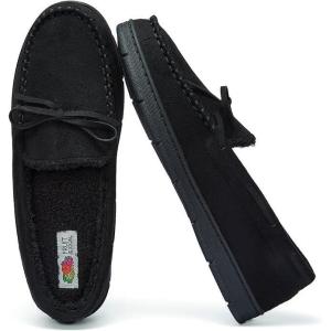 imageFruit of the Loom Mens Moccasin IndoorOutdoor Slipper Memory Foam Sherpa Lined Large BrownBlack