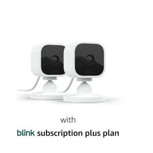 imageFree Blink Mini with 1Year Subscription 2 cameras White  Compact indoor plugin smart security camera 1080p HD video night vision motion detection twoway audio Works with Alexa