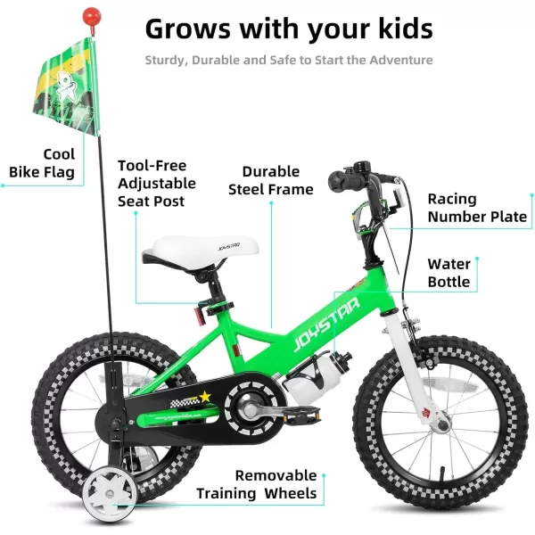 imageJOYSTAR Little Daisy Kids Bike for Girls Boys Ages 27 Years 12 14 16 Inch Girls Bikes with Doll Bike Seat ampamp Streamers Boys Bike with Flag ampamp Number Plate Multiple ColorsLittleRockGreen