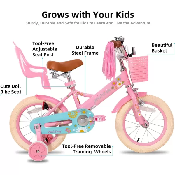 imageJOYSTAR Little Daisy Kids Bike for Girls Boys Ages 27 Years 12 14 16 Inch Girls Bikes with Doll Bike Seat ampamp Streamers Boys Bike with Flag ampamp Number Plate Multiple ColorsLittleDaisyPink