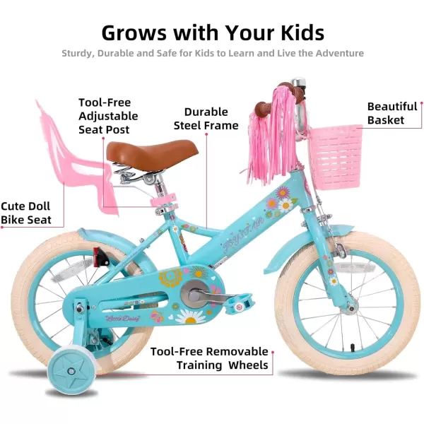 imageJOYSTAR Little Daisy Kids Bike for Girls Boys Ages 27 Years 12 14 16 Inch Girls Bikes with Doll Bike Seat ampamp Streamers Boys Bike with Flag ampamp Number Plate Multiple ColorsLittleDaisyBlue