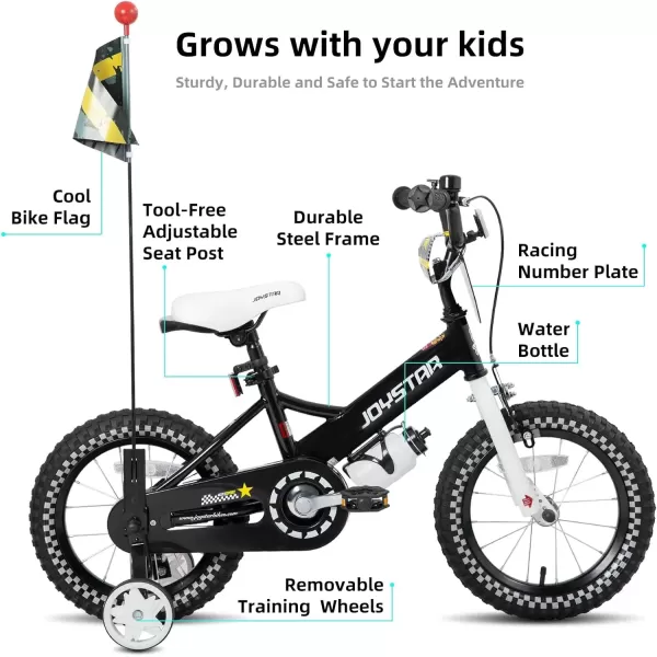 imageJOYSTAR Little Daisy Kids Bike for Girls Boys Ages 27 Years 12 14 16 Inch Girls Bikes with Doll Bike Seat ampamp Streamers Boys Bike with Flag ampamp Number Plate Multiple ColorsLittleRockBlack