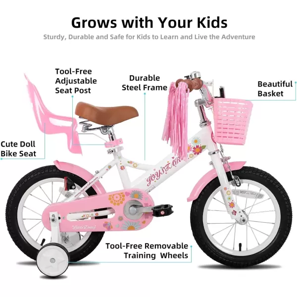 imageJOYSTAR Little Daisy Kids Bike for Girls Boys Ages 27 Years 12 14 16 Inch Girls Bikes with Doll Bike Seat ampamp Streamers Boys Bike with Flag ampamp Number Plate Multiple ColorsLittleDaisyWhite